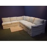 Very large L-shaped sofa in contemporary light duck-egg blue fabric, some stains & fading, seats 6+,