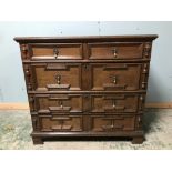 Moulded oak chest of 3 long & 2 short drawers with hidden locking mechanism 57Dx9Wx84H cm