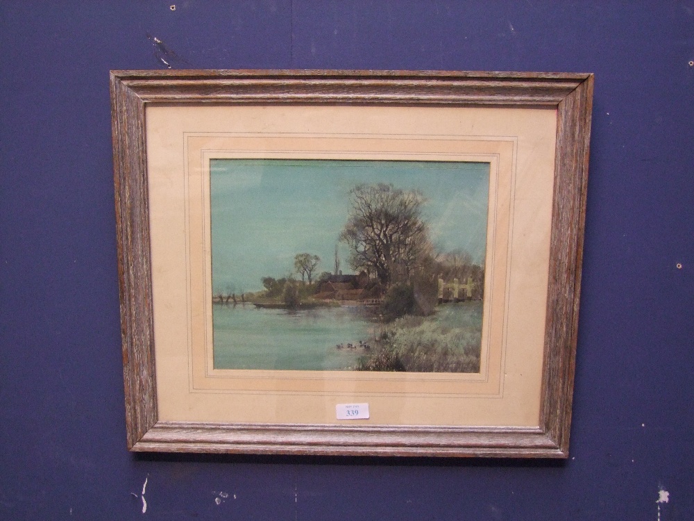 Early C20th watercolour, riverside farm with ducks in foreground, signed 20.5x34.5cm