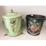 Coal bucket in a lidded painted container decorated with birds & amorial bucket