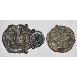 Cricket belt buckles. Two metal belt buckles, possibly Victorian. One with a batsman at the crease