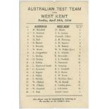 West Kent v Australia 1934. Official printed sheet for the 'order of play' for the golf match played