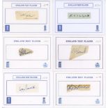 England 1920s-1950s. Twelve signatures of England Test cricketers in ink on pieces individually laid