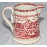 Staffordshire sporting jug. Victorian Staffordshire jug with strap handle, transfer printed in