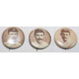Surrey C.C.C. 'Famous Cricketers'. Three early sepia brown circular lapel button/badges, issued by