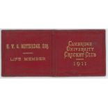 Cambridge University C.C. 1911. Original red leather folding Life Member ticket issued to H.W.G.