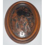 Cricket plaque. Oval brass plaque in contemporary wooden frame of a raised scene featuring the