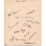 Kent C.C.C. c1933/4. Large album page nicely signed in ink by twelve Kent players. Signatures are