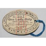 'Bodyline. Season 1932/33'. Original Sydney Cricket Ground ladies membership ticket, with cord