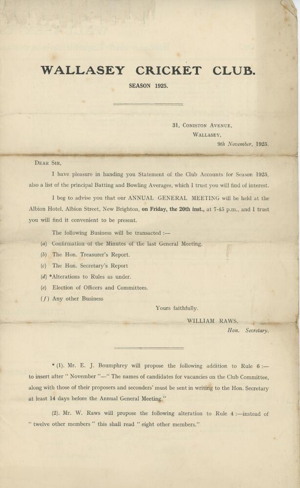 Wallasey Cricket Club 1925-1960s. A collection of official printed and typed reports, meeting