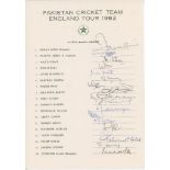 Pakistan tour to England 1982. Official autograph sheet fully signed in ink by all eighteen