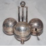 Cricket Cruet Set. Silver plated Edwardian cruet set comprising salt, pepper and mustard pots in the