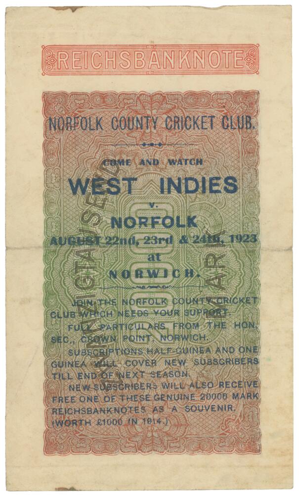 West Indies tour to England 1923. Unusual original 20,000 Mark 'Reichsbanknote' overprinted with - Image 2 of 2