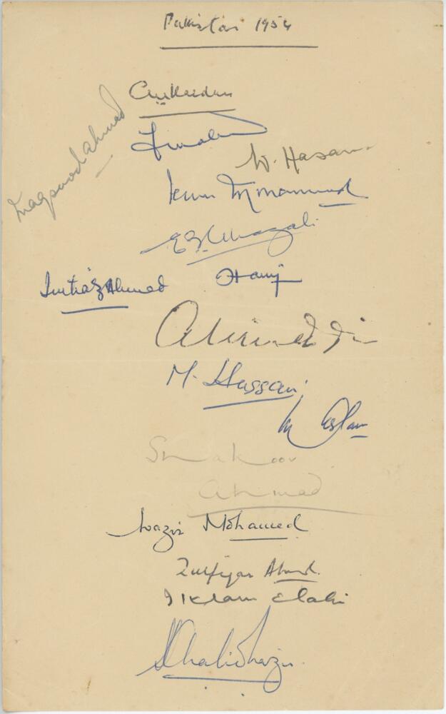 Pakistan tour to England 1954. Page nicely signed in ink by sixteen members of the Pakistan