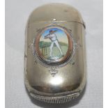 Victorian cricketing vesta case. Attractive electro-plated rounded oblong vesta case applied with