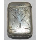 Victorian cricketing vesta case. Attractive silver rounded oblong vesta case with crossed bats,