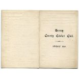 Surrey C.C.C. 1890. Rare and very early official folding fixture card for the 1890 season with