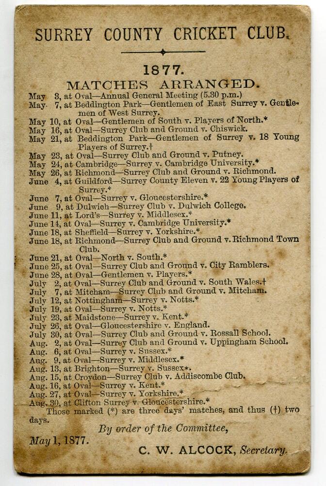 Surrey C.C.C. 1877. Rare and very early official fixture card for the 1877 season with home and away