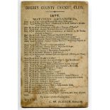 Surrey C.C.C. 1877. Rare and very early official fixture card for the 1877 season with home and away