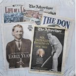 Don Bradman 1908-2001. Five original Australian and three English newspapers featuring extensive