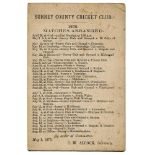 Surrey C.C.C. 1875. Rare and very early official fixture card for the 1875 season with home and away