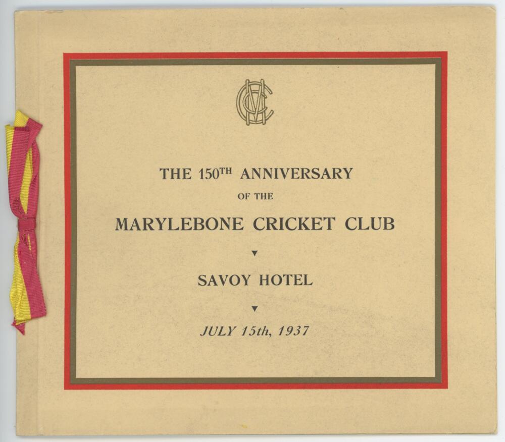 'The 150th Anniversary of the Marylebone Cricket Club 1937'. An official menu, with ribbon tie in