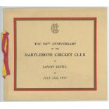 'The 150th Anniversary of the Marylebone Cricket Club 1937'. An official menu, with ribbon tie in