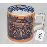 Football mug. Early Staffordshire mug with football scenes to both sides, the main body of the mug
