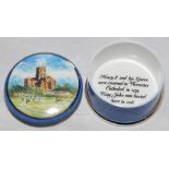 Pillbox. A ceramic pillbox with hand painted design to the lid of Worcester Cathedral with a cricket