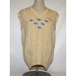 Sussex C.C.C. White sleeveless Sussex First XI wool sweater. Six martletts and 'Whitbread'