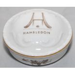 Hambledon. Royal Grafton bone china circular box with lid. Two early cricket bats, wicket and ball