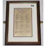 England v Australia 1909. Early original silk scorecard for the third Test match played at