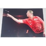 Darts. Eric Bristow. Large colour photograph of Bristow in match action. Nicely signed by Bristow.