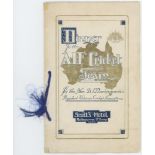 'Dinner to the A.I.F. Cricket Team' 1920. Original eight page menu with blue ribbon tie for the