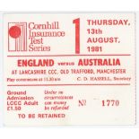 England v Australia 1981. Official match ticket for the first day of the fifth Test played at Old