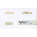 Cricket signatures 1890s-1930s. Three signatures in ink on pieces each laid down to white card. E.W.