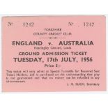 England v Australia 1956. Official match ticket for the final day of the third Test played at