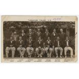 Yorkshire C.C.C. 1934. Mono real photograph postcard of the 1934 Yorkshire team seated and