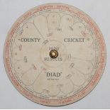 'County Cricket 1920 Results "Diad" Patented'. Unusual two piece circular rotating cards with clip