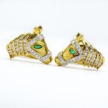 Vintage Asprey Diamond, Emerald and 18 Karat Yellow Gold Horse Head Cufflinks. Signed, stamped