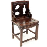 Antique Chinese Carved Wood Side Chair. Unsigned. Light stains, wear and rubbing. Measures 35-1/2" H