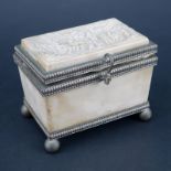 Early Continental Carved Stone Jewelry Casket. Metal mounts. The lid with busy village scene. The