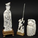 Grouping of Three (3) Oriental Carved Ivory Figures. One figure is signed, two affixed to bases.