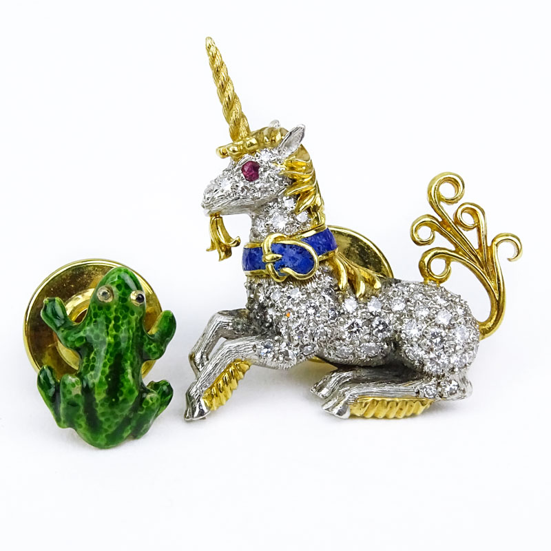 Vintage Tiffany & Co Diamond, Platinum, Enamel, Ruby and 18 Karat Yellow Gold Unicorn Tie Pin