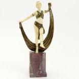 Art Deco Carved Ivory and Bronze Dancer on Marble Base. Unsigned. Possible restoration to foot,