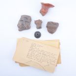 Collection of Five (5) Early Mexican Pottery Artifacts. Handwritten notes in Spanish documenting the