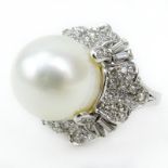 Vintage 14mm South Sea Pearl, Diamond and 18 Karat White Gold Ring Possibly Moussaieff Jewelry,
