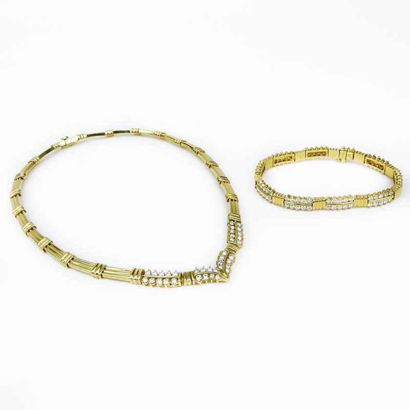 Vintage Round Brilliant Cut Diamond and 18 Karat Yellow Gold Necklace and Bracelet Suite. Stamped - Image 2 of 7