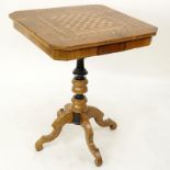 Vintage Inlaid Wood Game Table. Unsigned. Wear and rubbing, age splits. Measures 28-3/4" H x 23" x