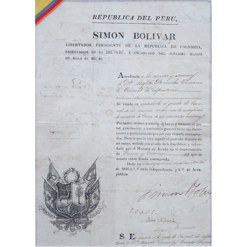 Simon Bolivar (1783 - 1830) Document Signed as "Libertador Presidente de la Republica de Colombia,